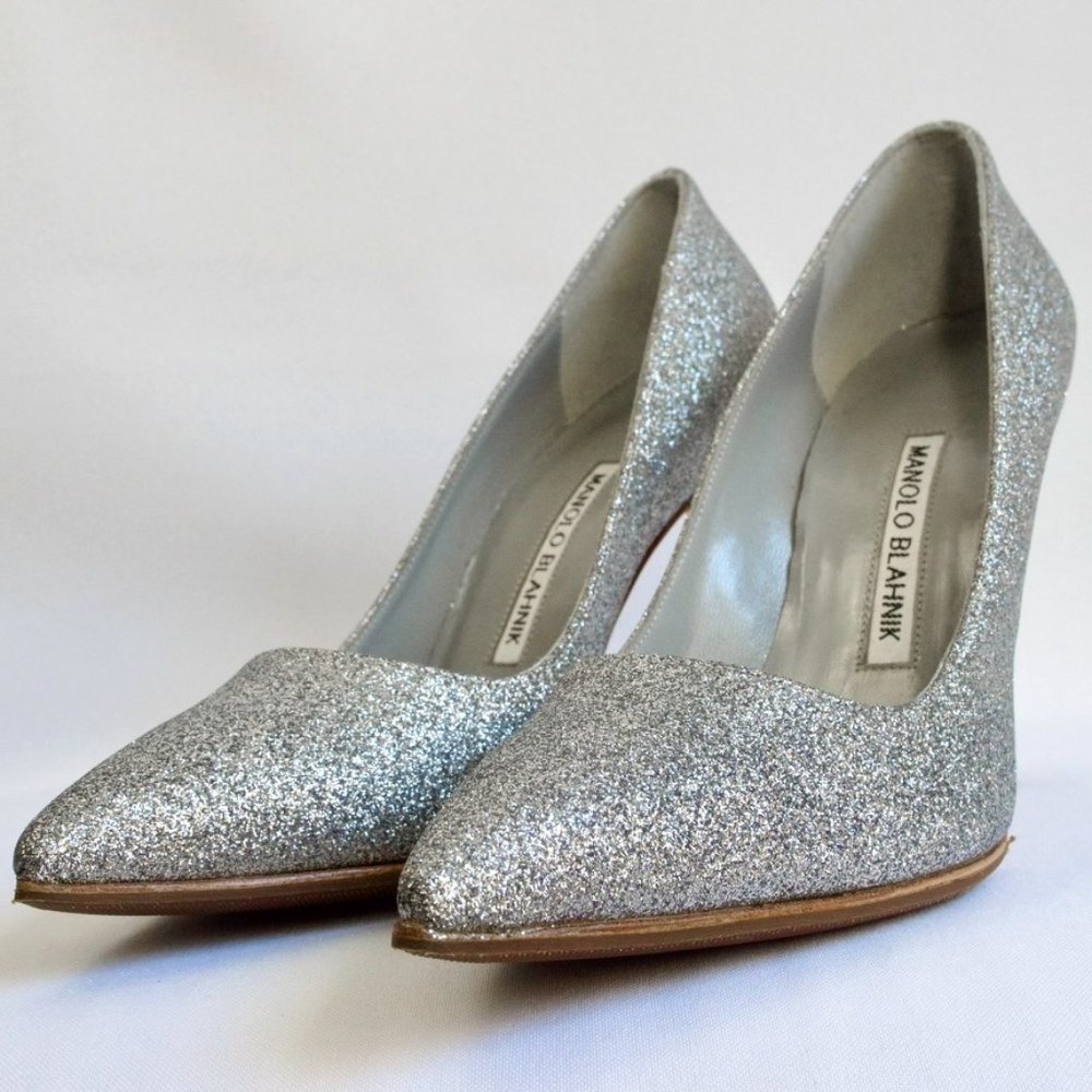 Manolo Blahnik BB 105 Glitter Silver Pumps NWT Sole Protected